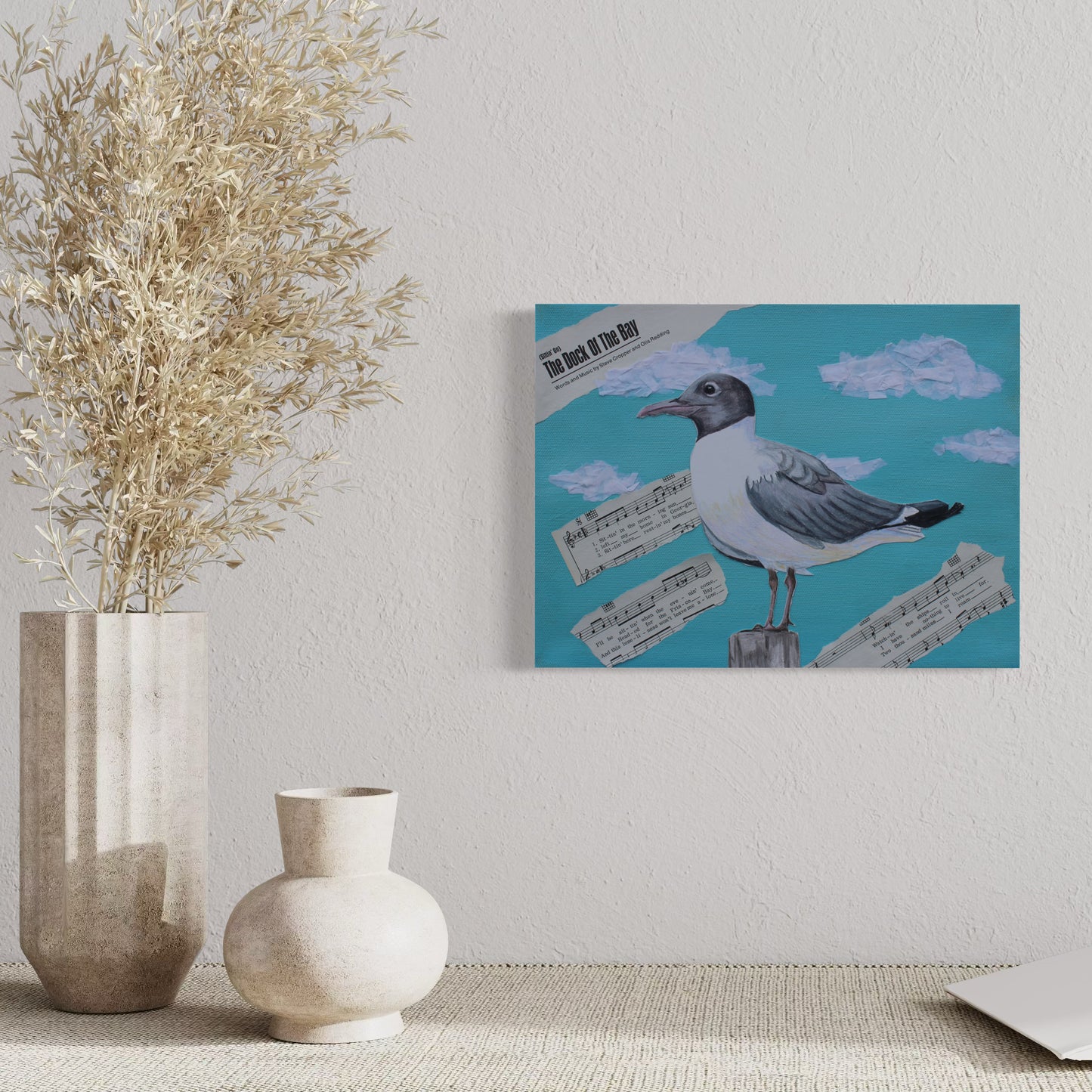 "Sitting on the Dock of the Bay", mixed media on gallery wrap canvas, 9"x12"
