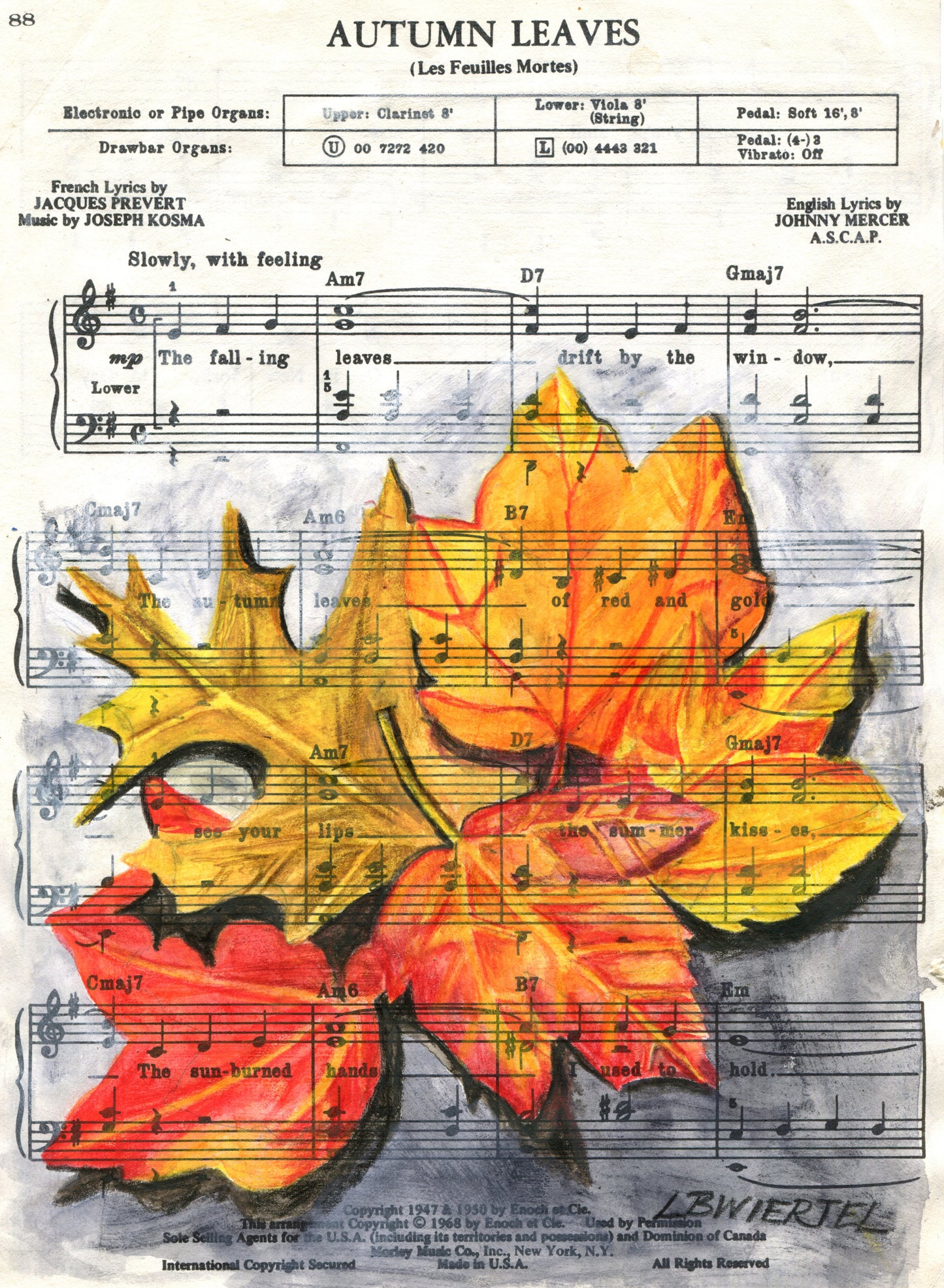 "Autumn Leaves", Inktense Colors on vintage music sheet, 8"x10"