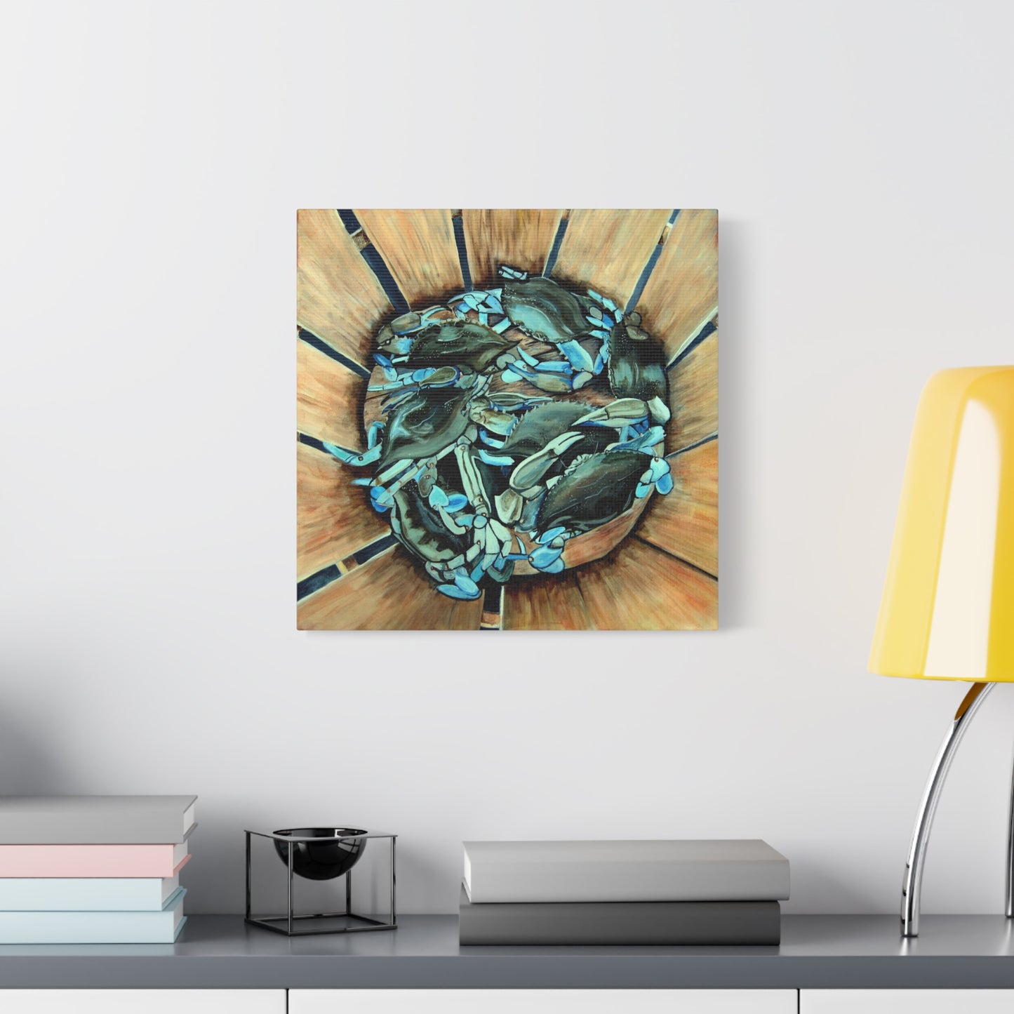 Maryland Blue Crabs in Basket- Coastal Still Life Matte Stretched Canvas