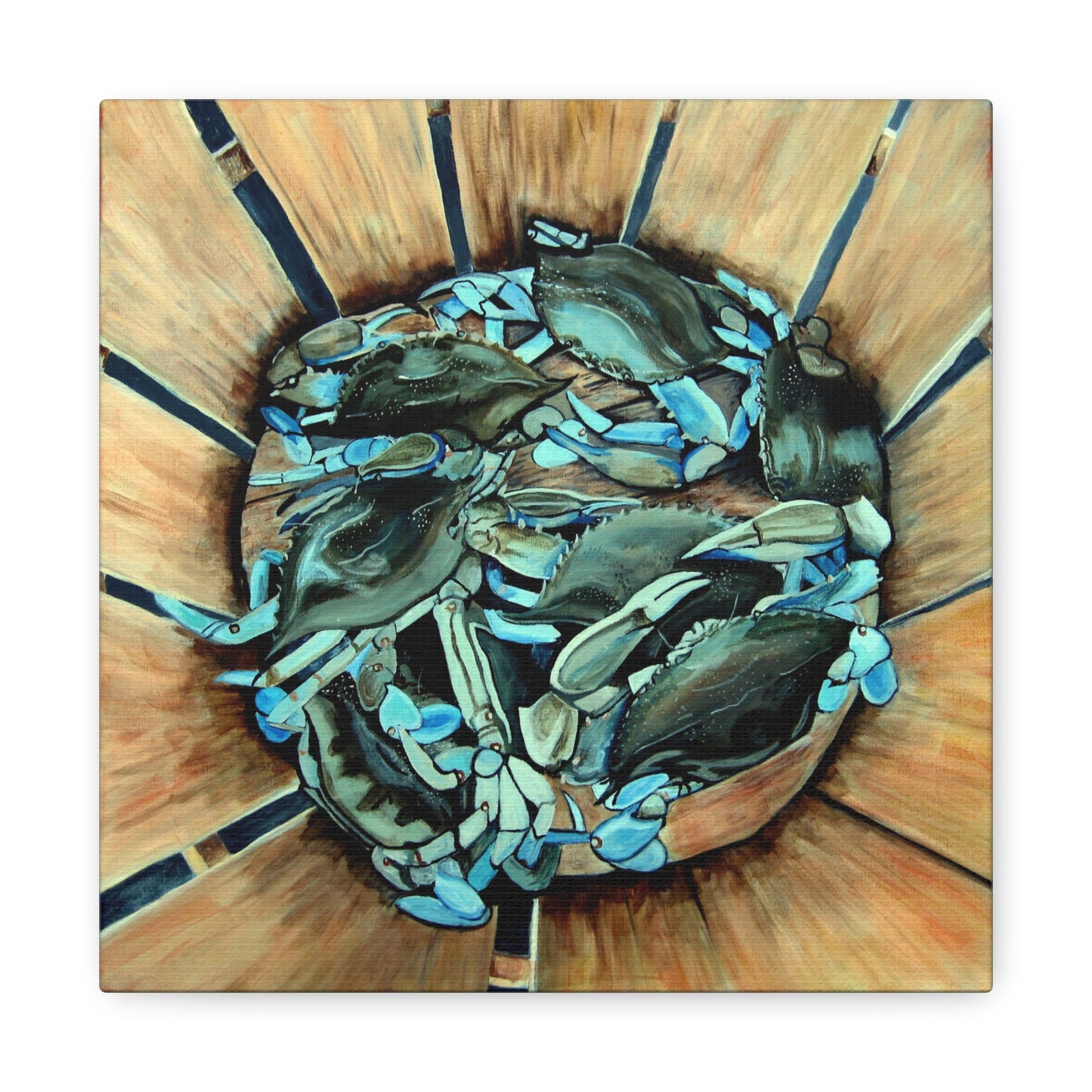 Maryland Blue Crabs in Basket- Coastal Still Life Matte Stretched Canvas