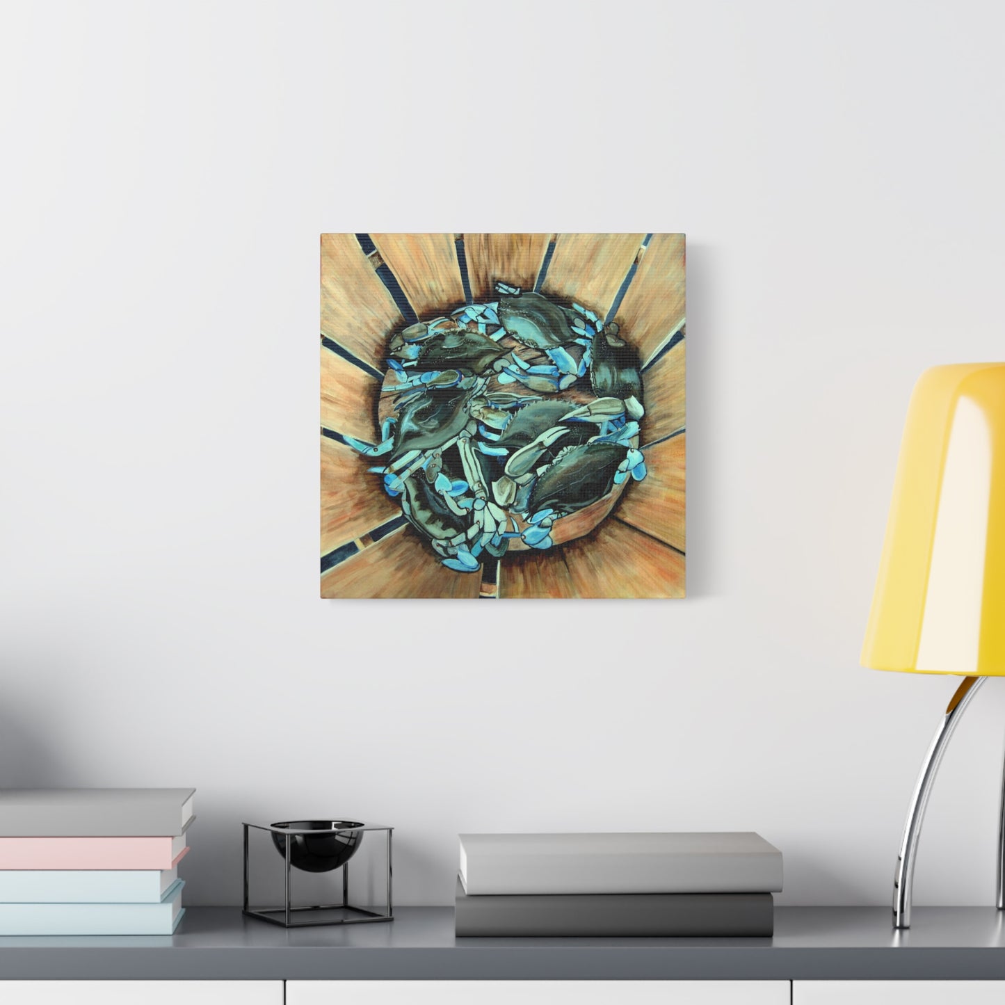 Maryland Blue Crabs in Basket- Coastal Still Life Matte Stretched Canvas