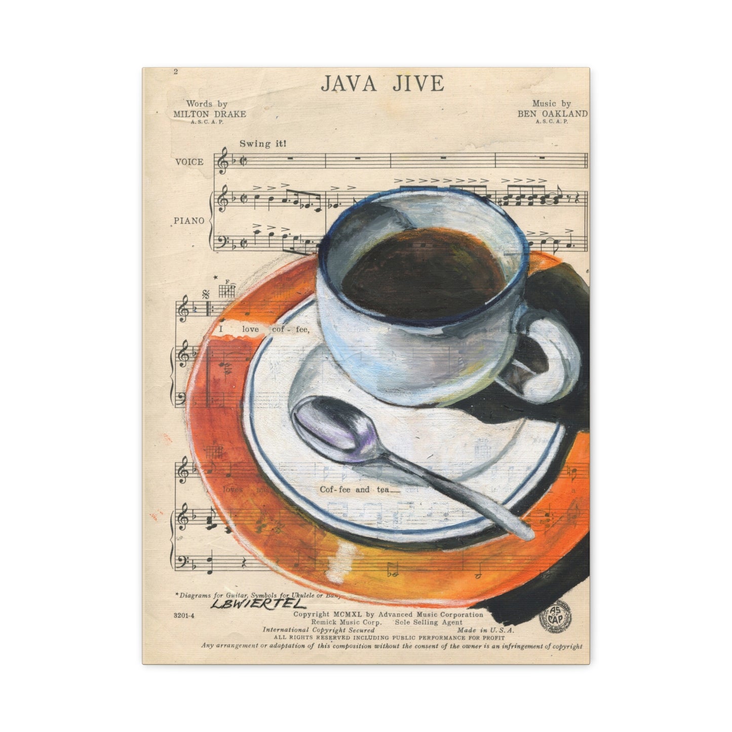 Java Jive Coffee Cup Matte Canvas Wall Art – Vintage Sheet Music Kitchen Decor