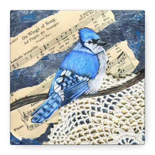 Blue Jay Collage Canvas Art — Vintage Sheet Music & Crochet Wall Decor