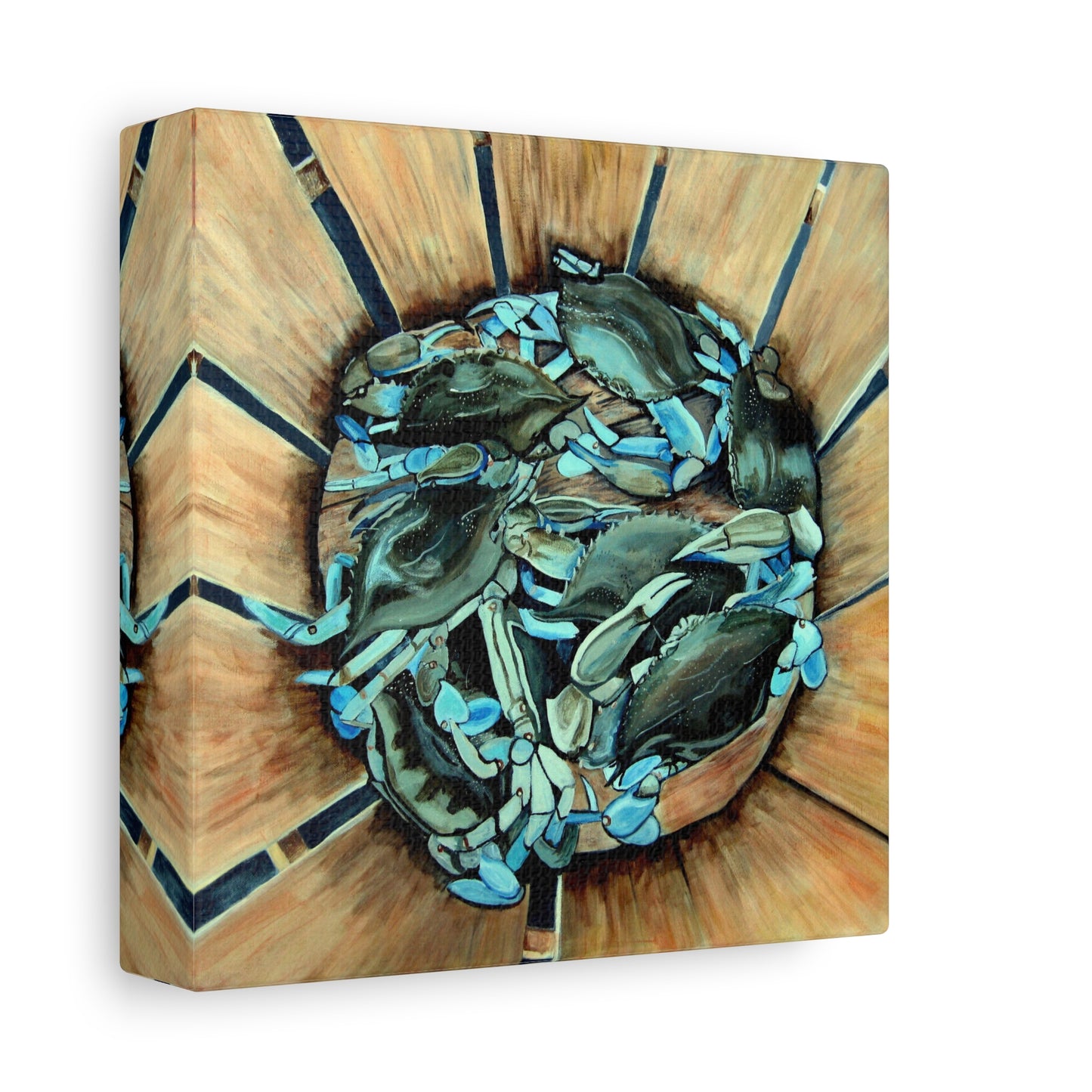 Maryland Blue Crabs in Basket- Coastal Still Life Matte Stretched Canvas