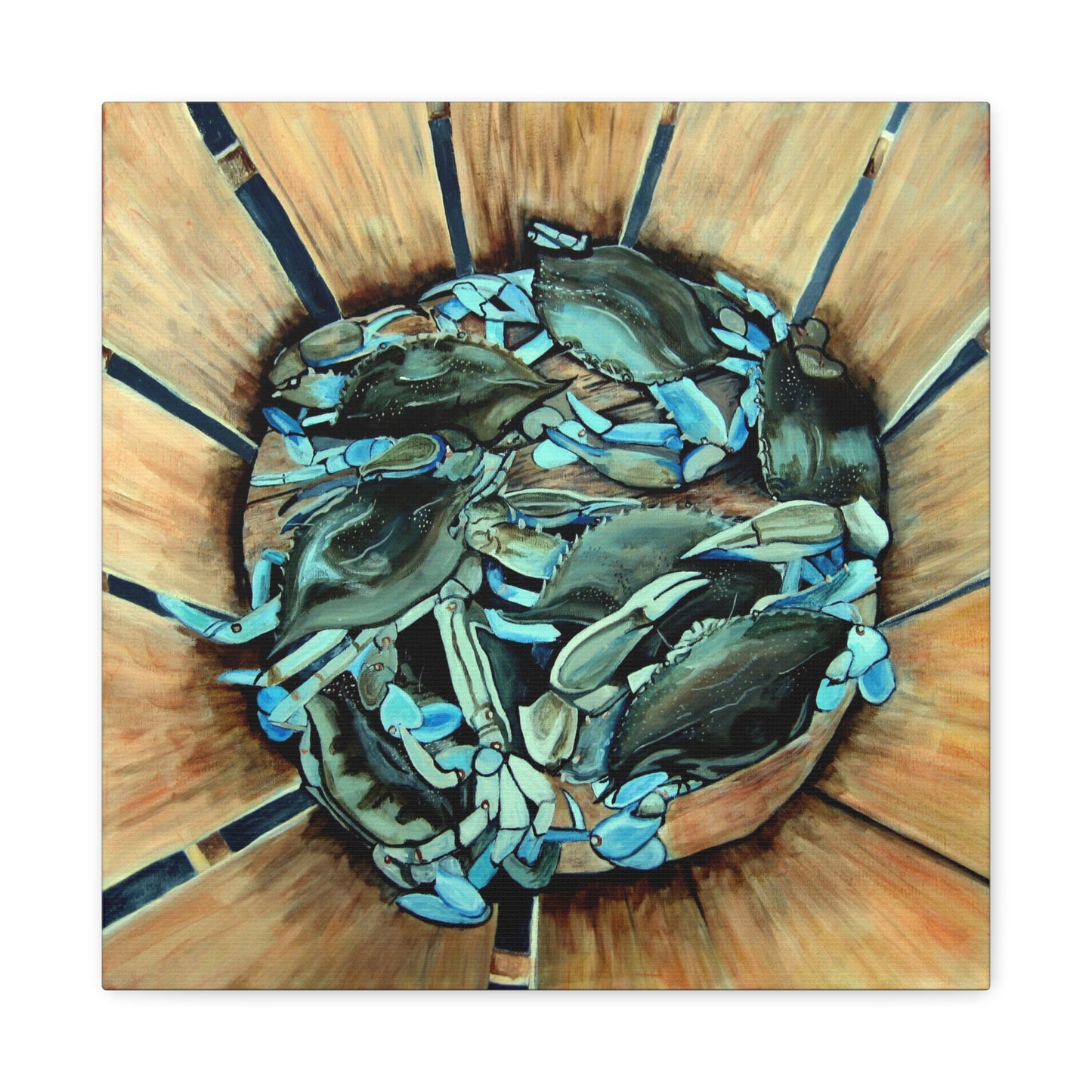 Maryland Blue Crabs in Basket- Coastal Still Life Matte Stretched Canvas