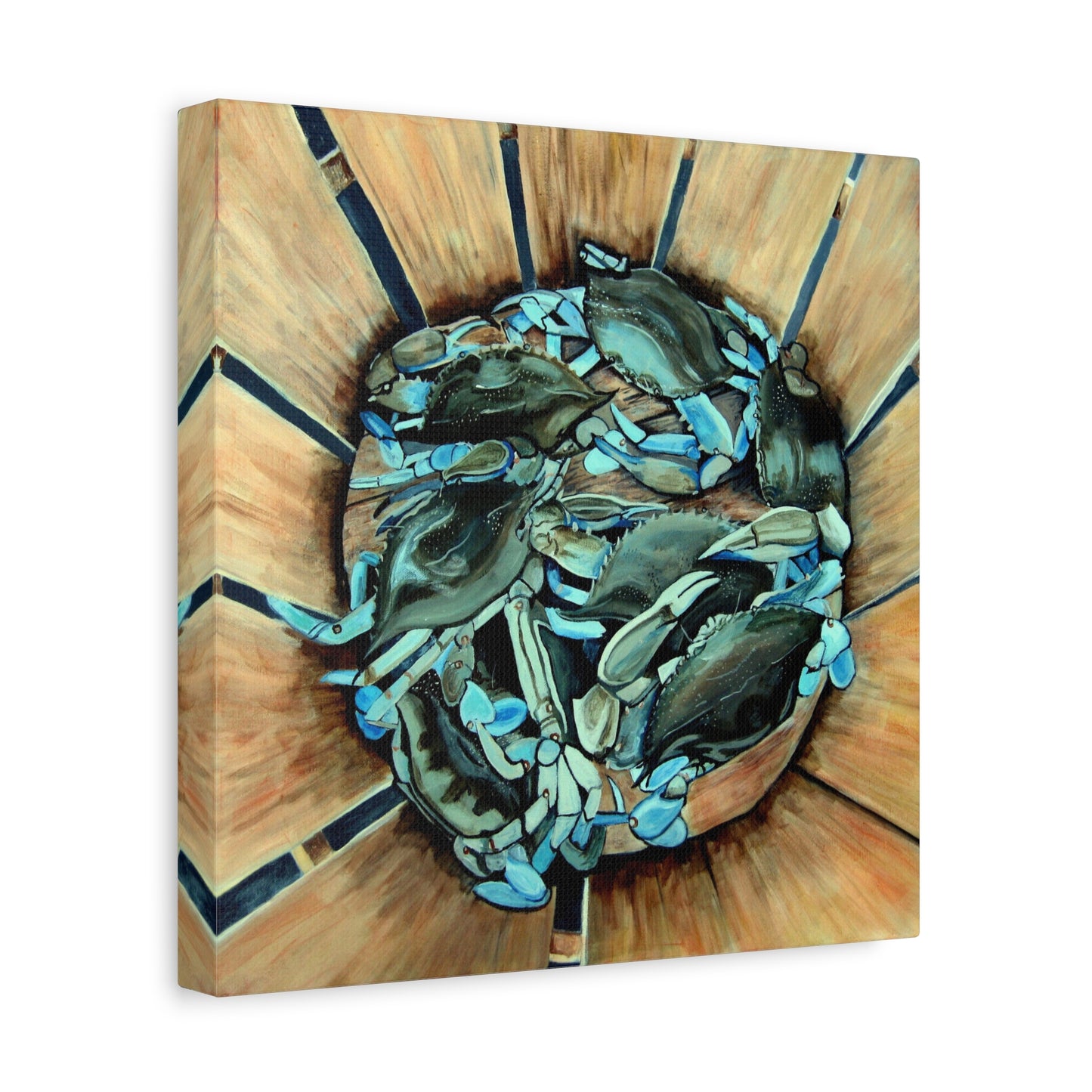 Maryland Blue Crabs in Basket- Coastal Still Life Matte Stretched Canvas