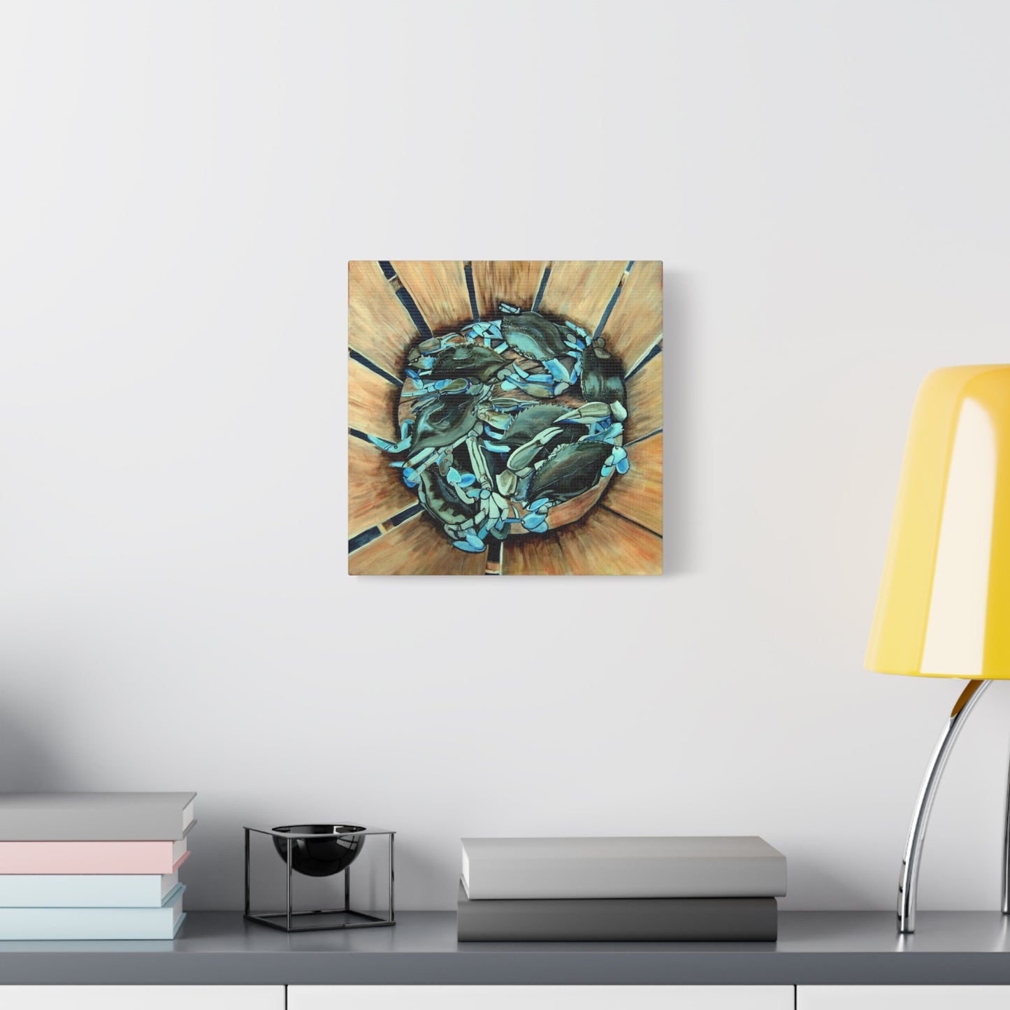 Maryland Blue Crabs in Basket- Coastal Still Life Matte Stretched Canvas