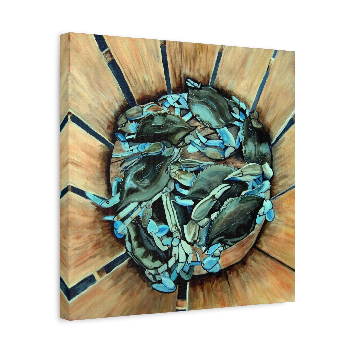 Maryland Blue Crabs in Basket- Coastal Still Life Matte Stretched Canvas