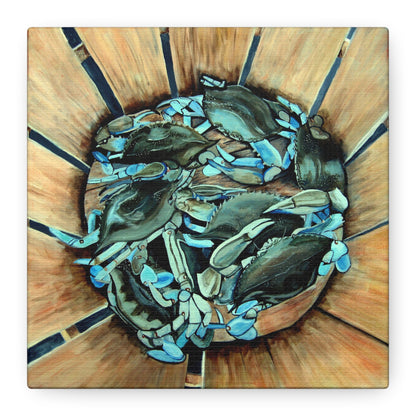 Maryland Blue Crabs in Basket- Coastal Still Life Matte Stretched Canvas