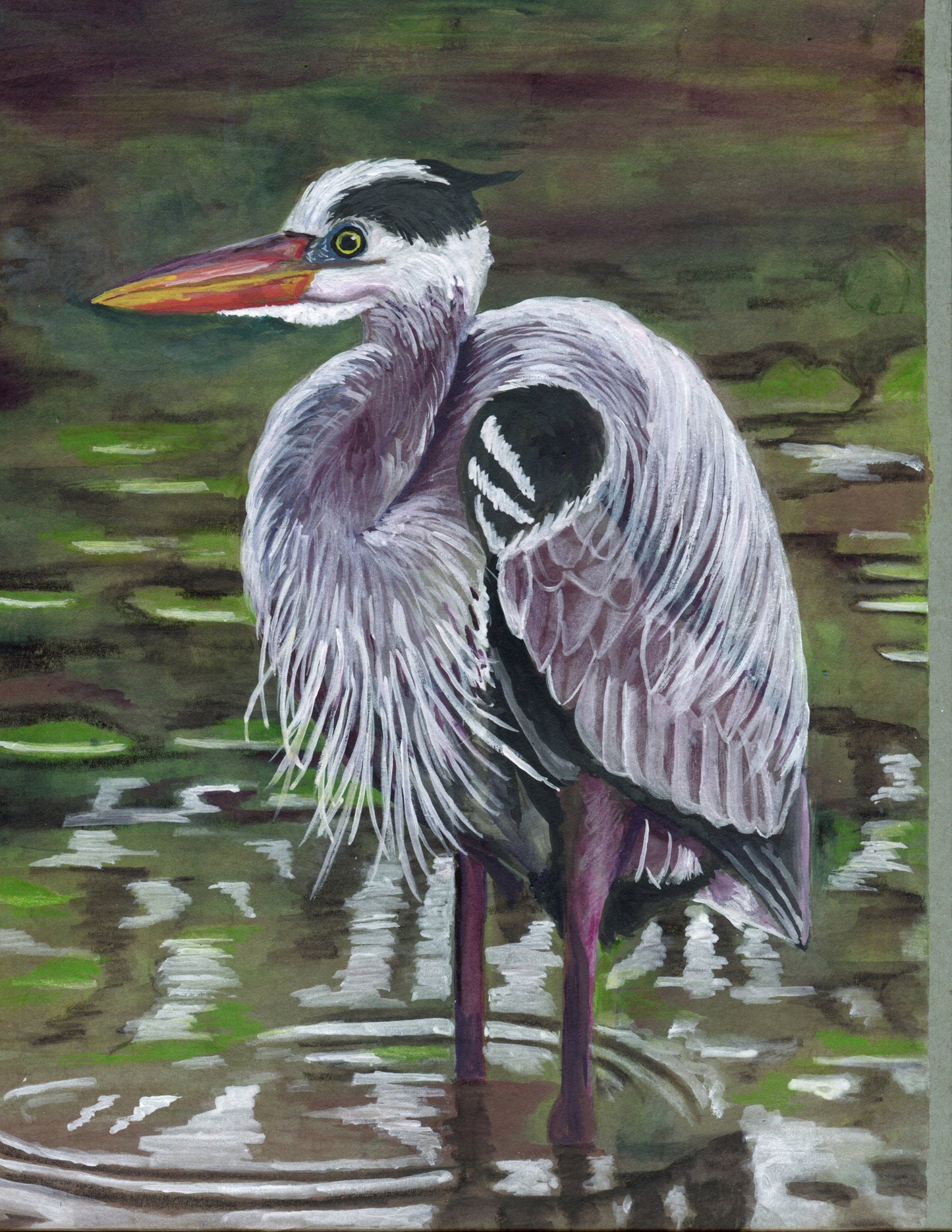 "Great Blue Heron", ink painting on mixed media painting, 9"x12", framed and matted.