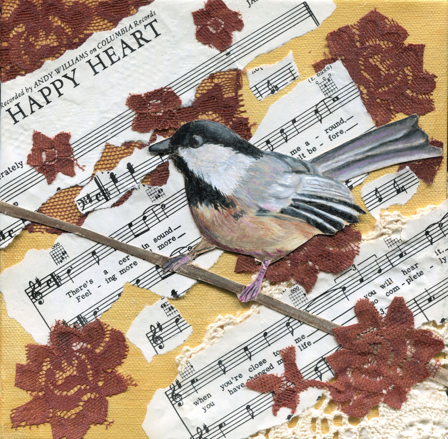 "Chickadee Melody", mixed media on canvas, 8"x8", $105.00