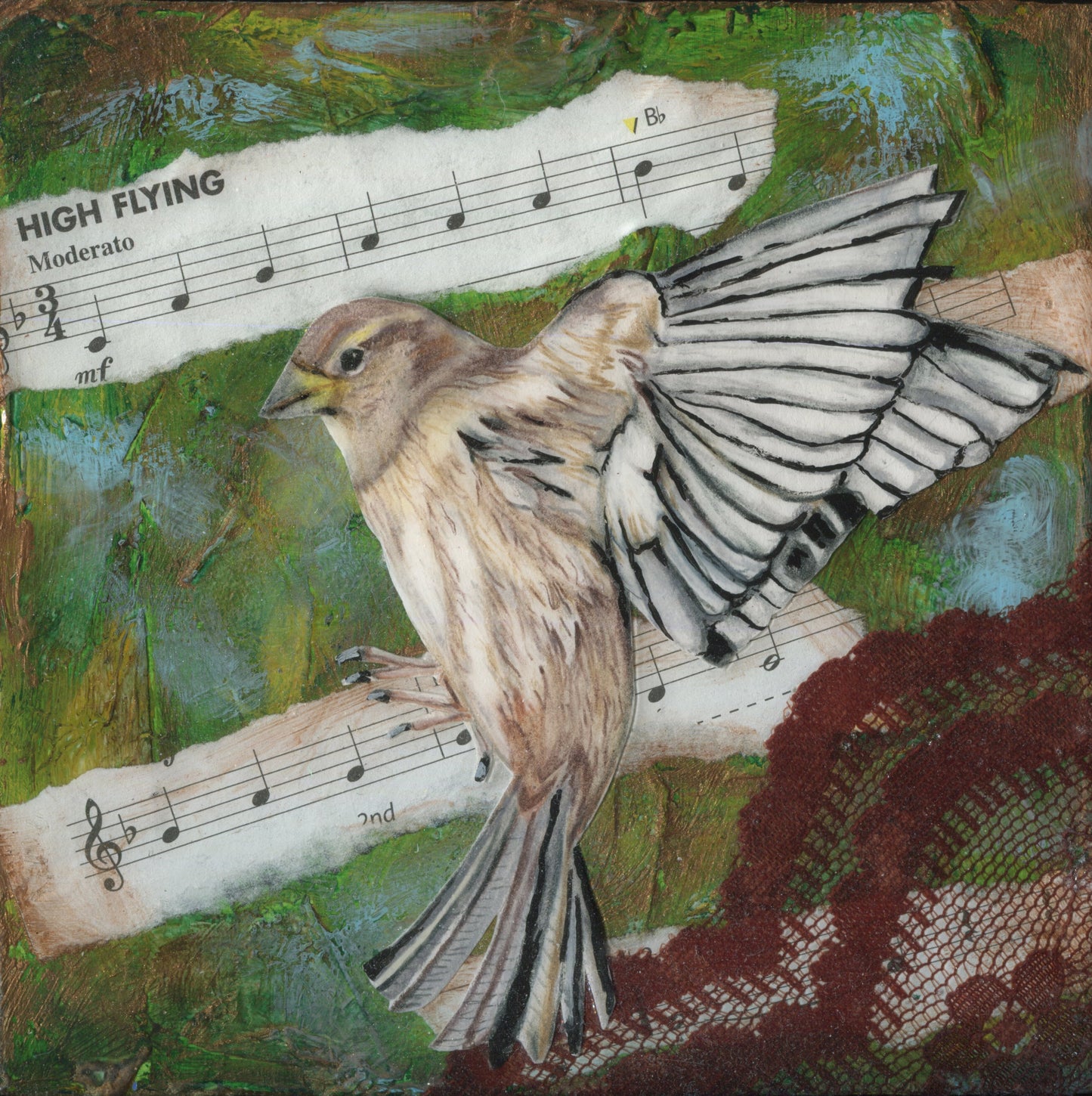 "High Flying", mixed media on wood, 6"x6", framed