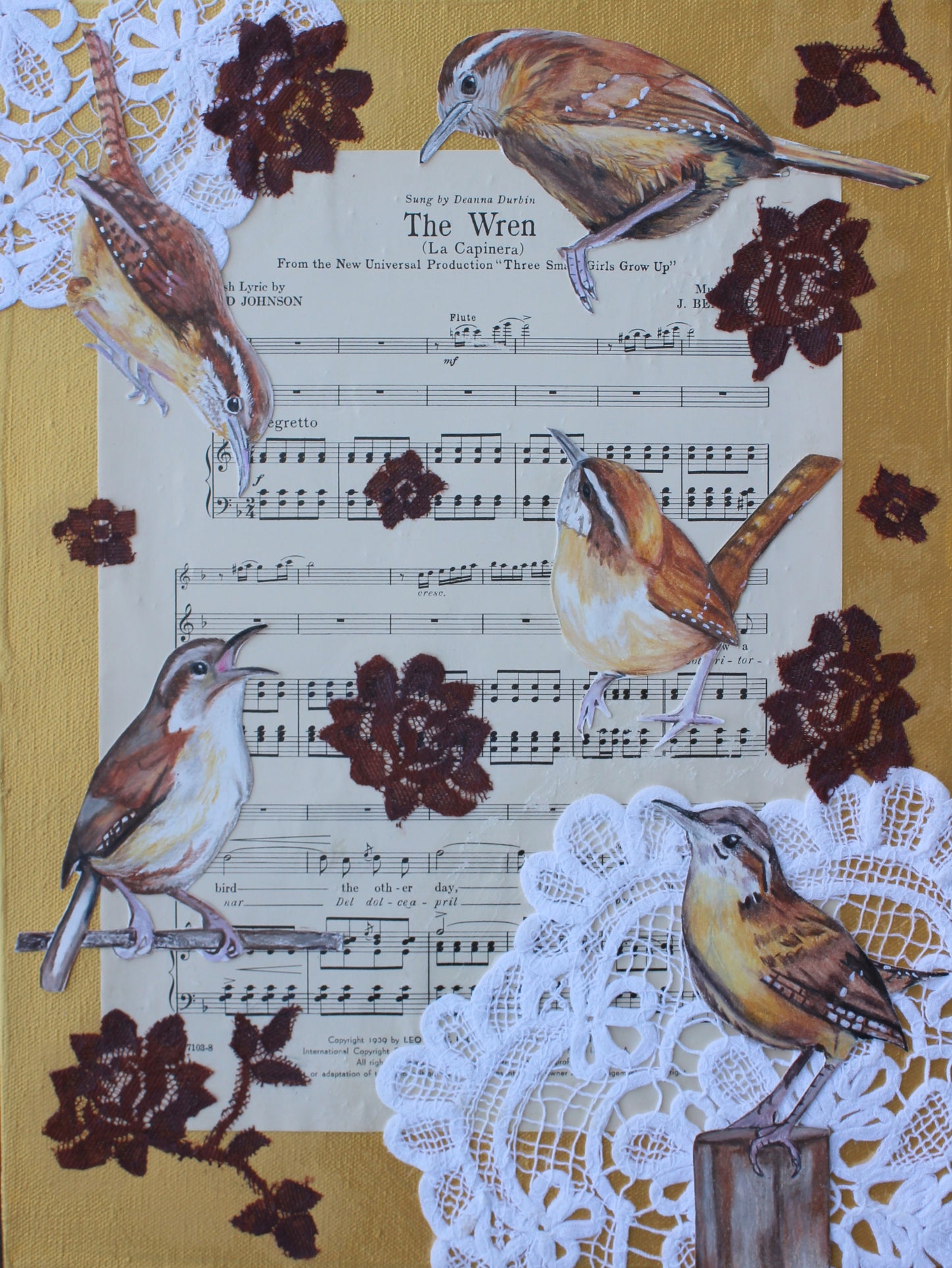 "The Wren", mixed media on gallery wrap canvas, 12"x16"