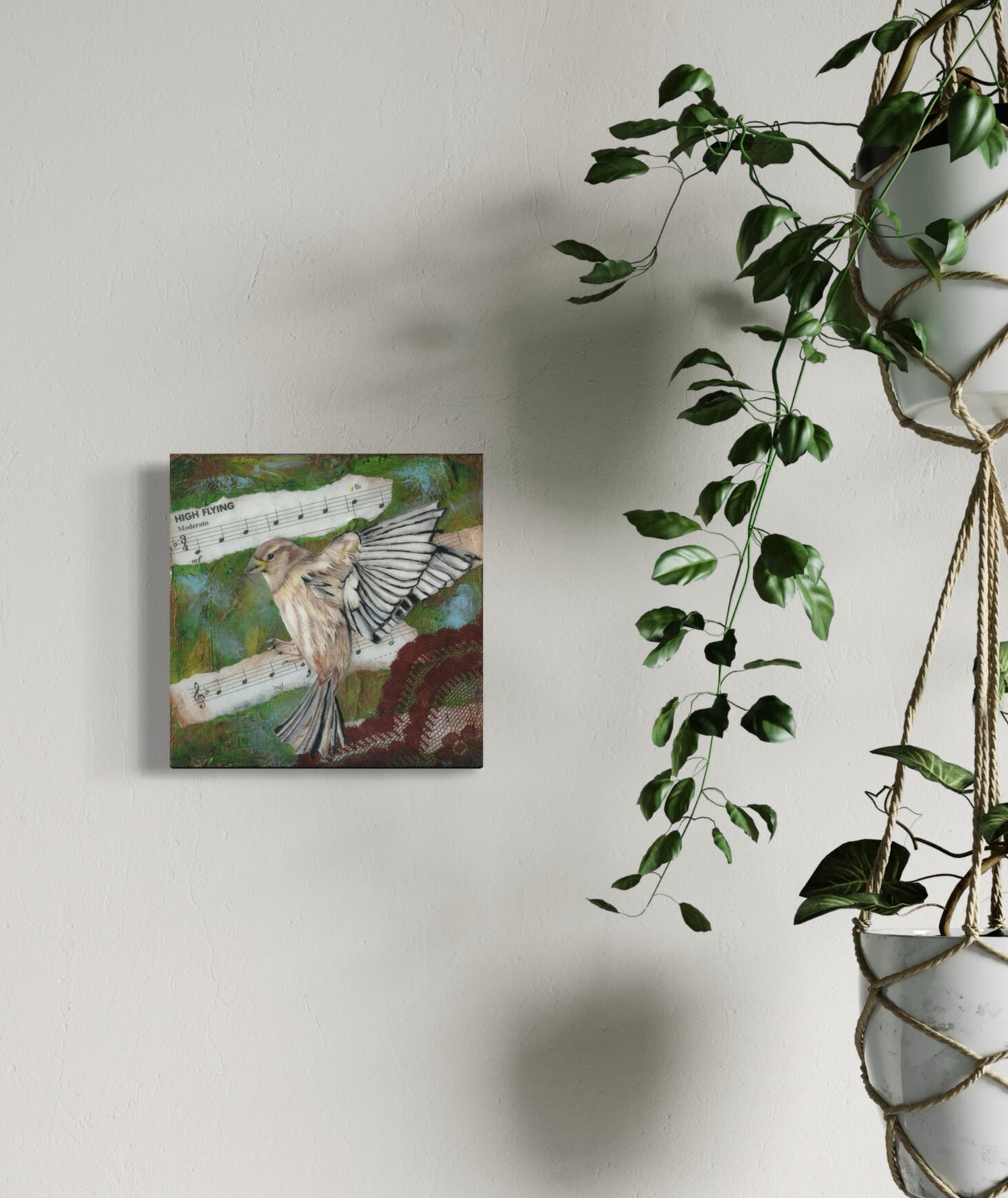 "High Flying", mixed media on wood, 6"x6", framed