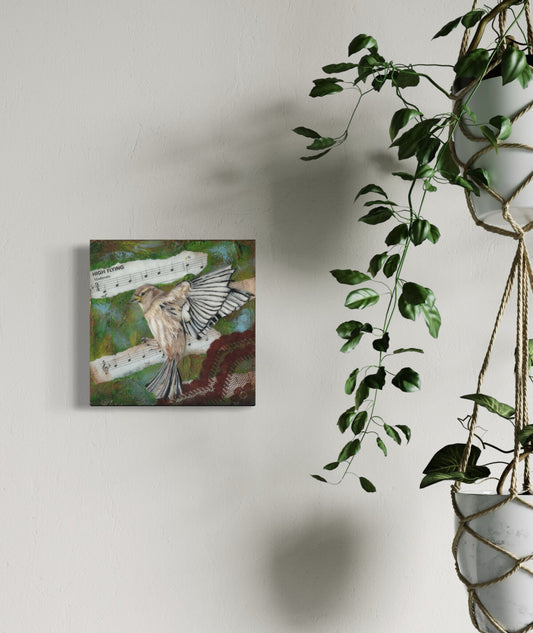 "High Flying", mixed media on wood, 6"x6", framed