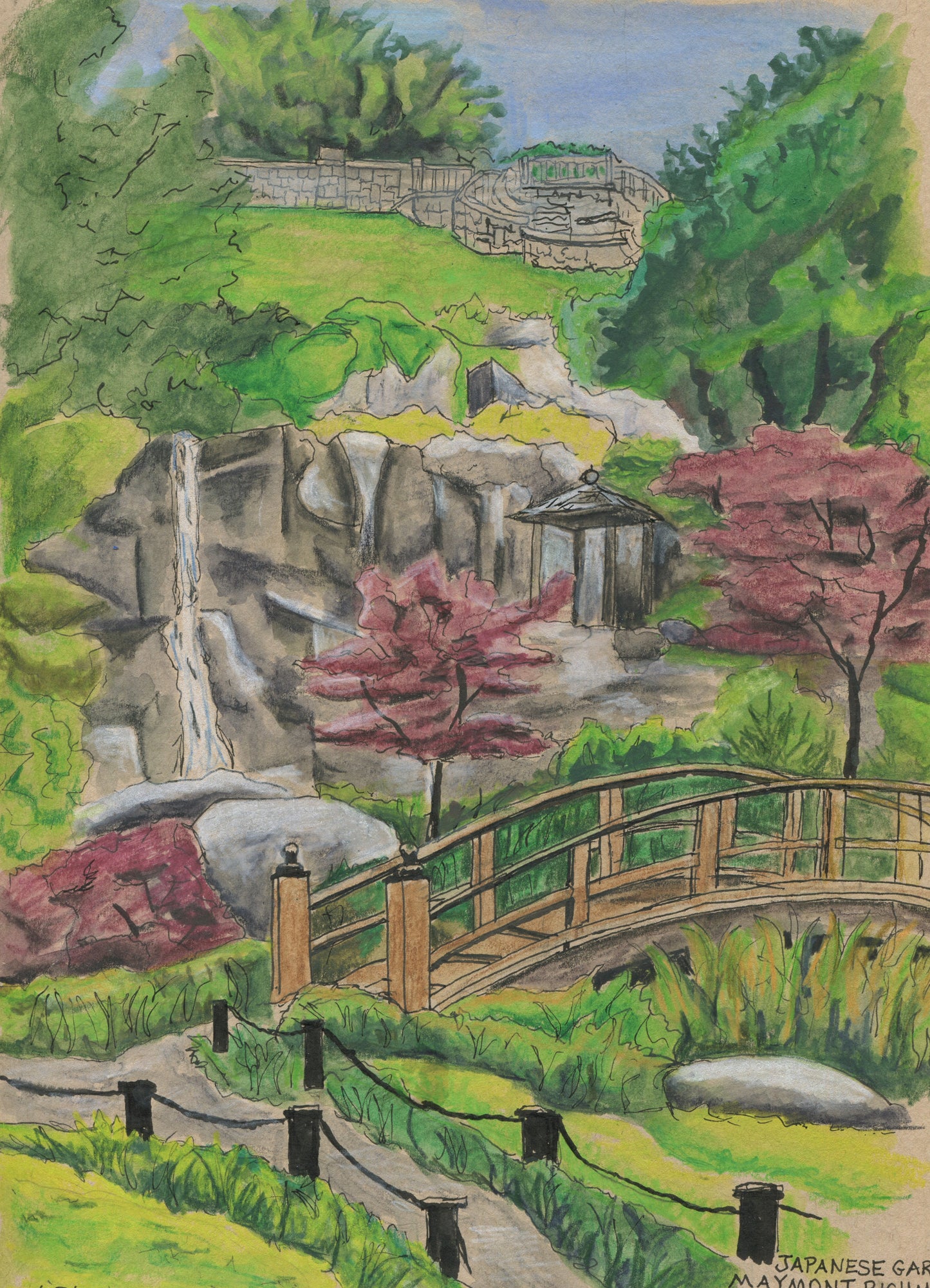 "Japanese Garden at Maymont Park, Richmond, VA", pen and ink drawing on mixed media paper, 9"x12"