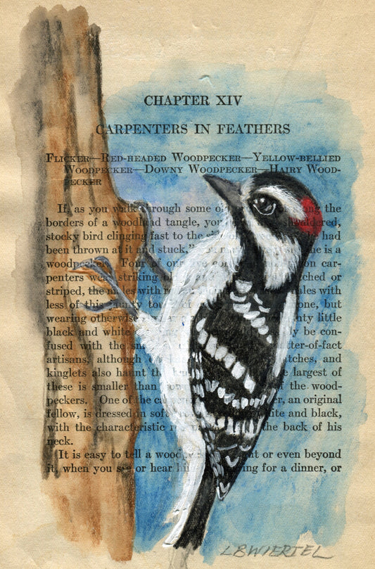 "Carpenters in Feathers", mixed media on vintage book page, 5"x7", matted & framed