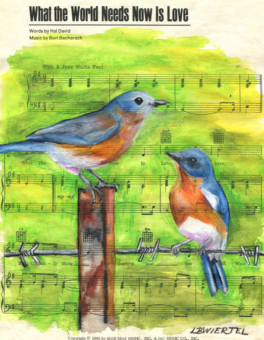 What The World Needs Now, Inktense Colors on Vintage Music Sheet, 9"x12"