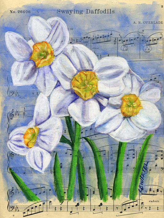 "Swaying Daffodils", Inktense on Vintage Sheet Music, 9"x12"