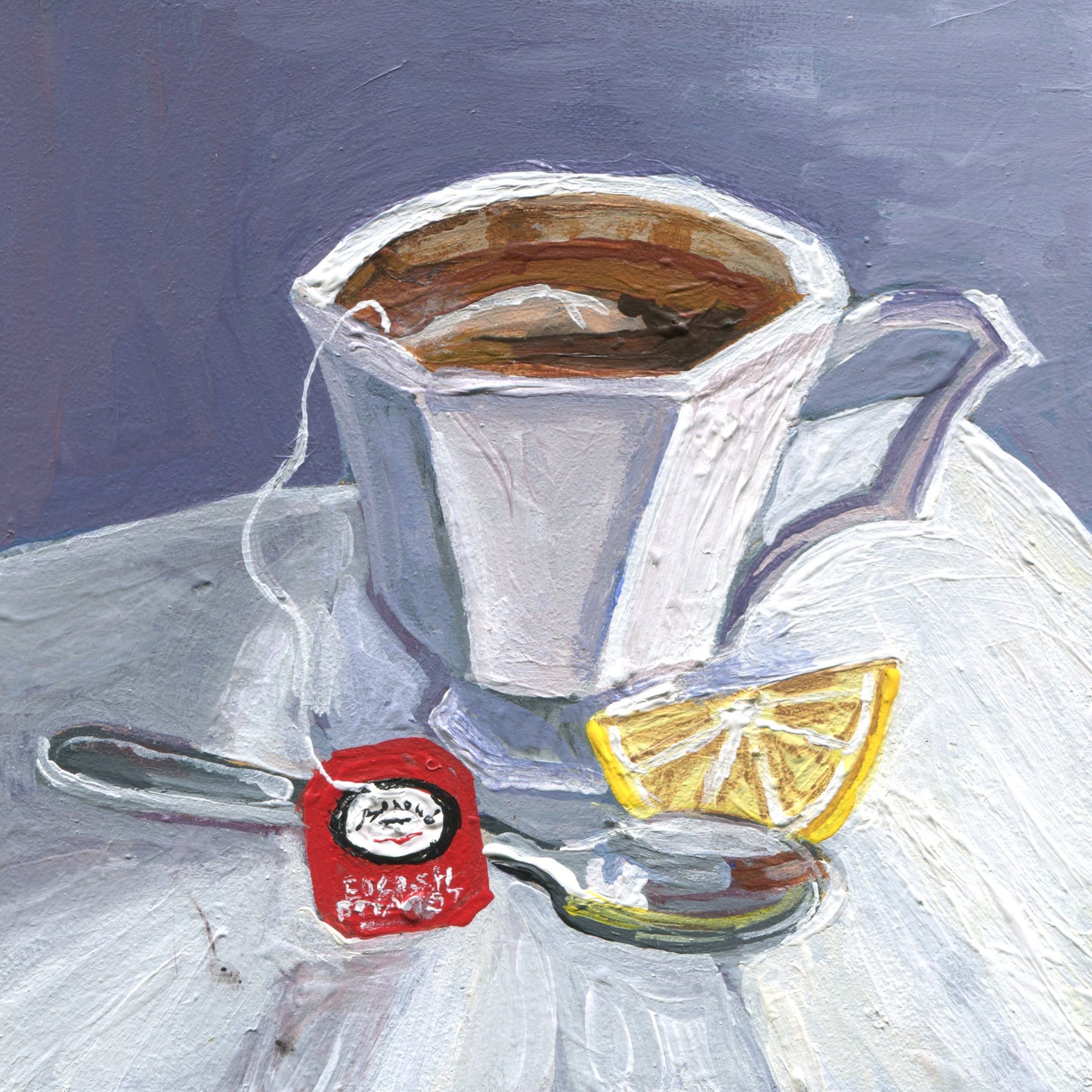 "Twinings", acrylic on gessobord, 4"x4", framed.