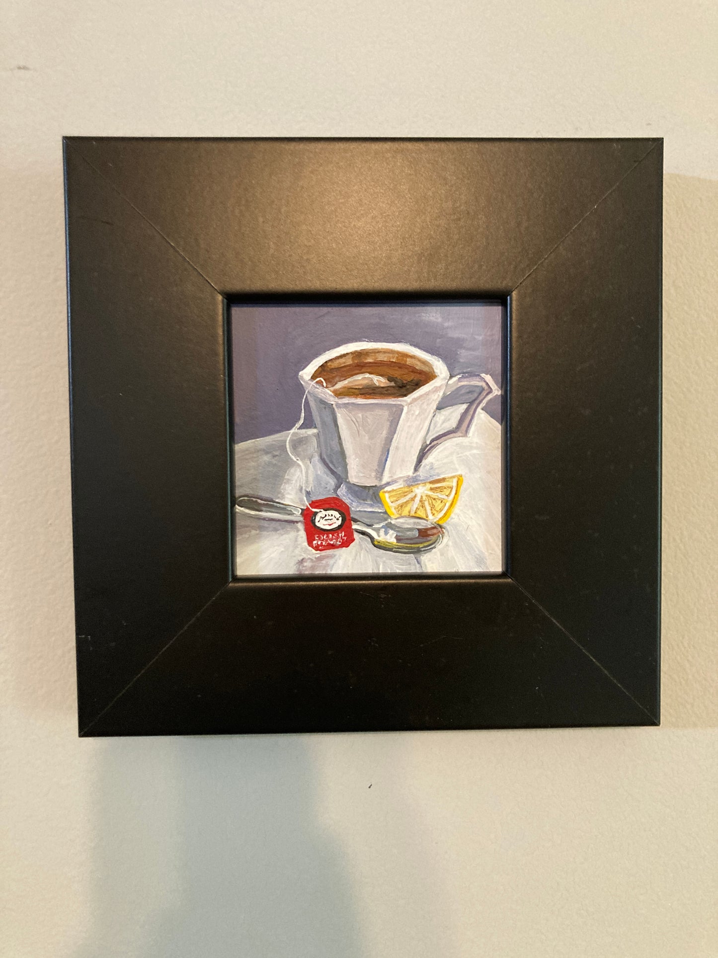 "Twinings", acrylic on gessobord, 4"x4", framed.