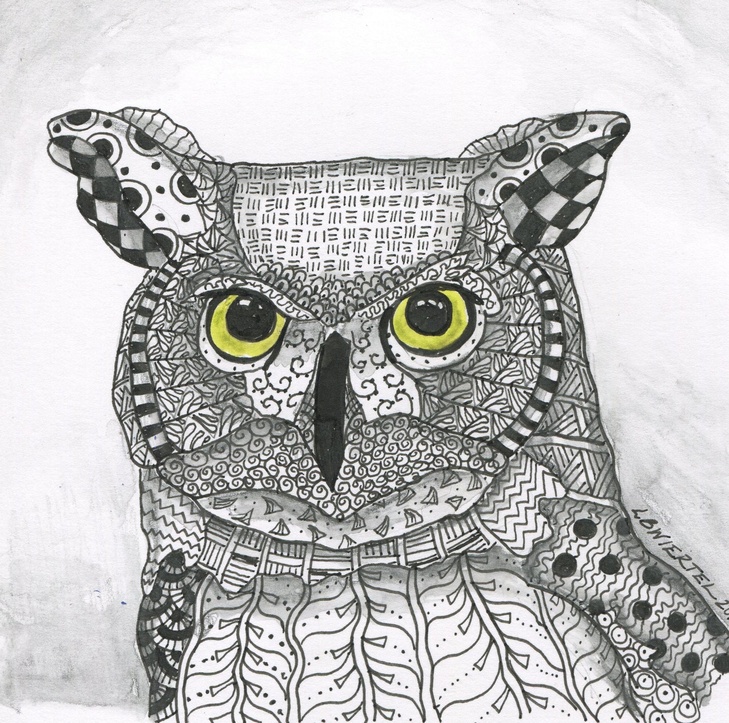 "Zentangle Owl", Pen and Ink, 6"x6"